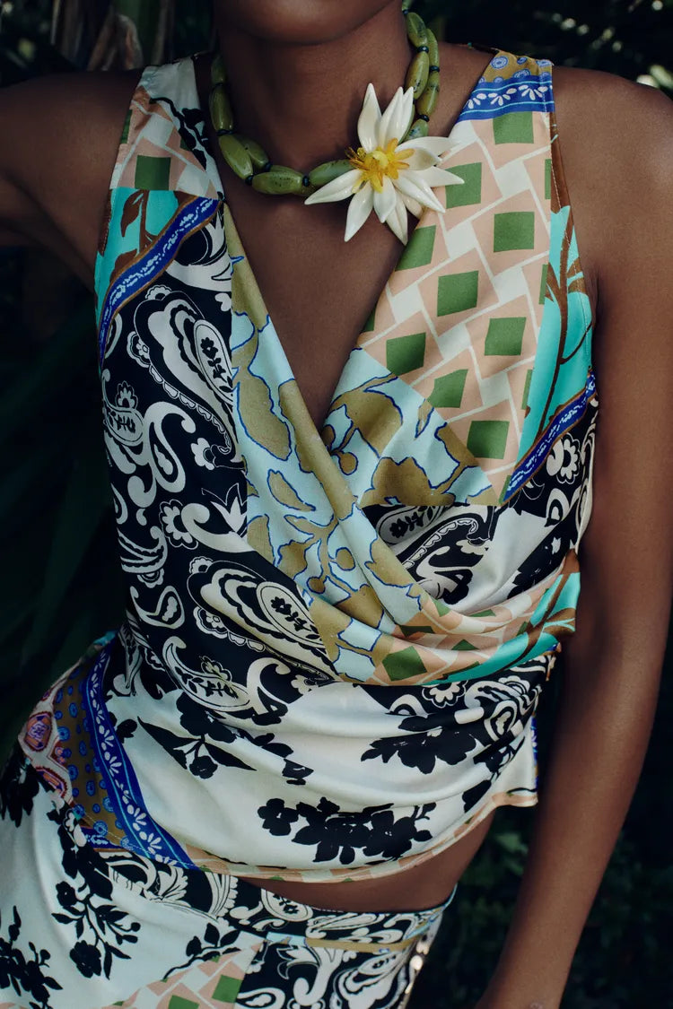 [A5] Patchwork Print Satin Top
