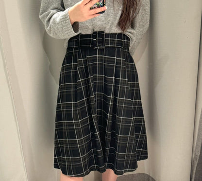 [A4] checkered midi skirt