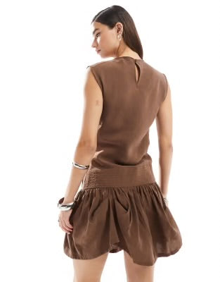 COWL NECK HITCHED HEM CUPRO MINI DRESS IN BROWN