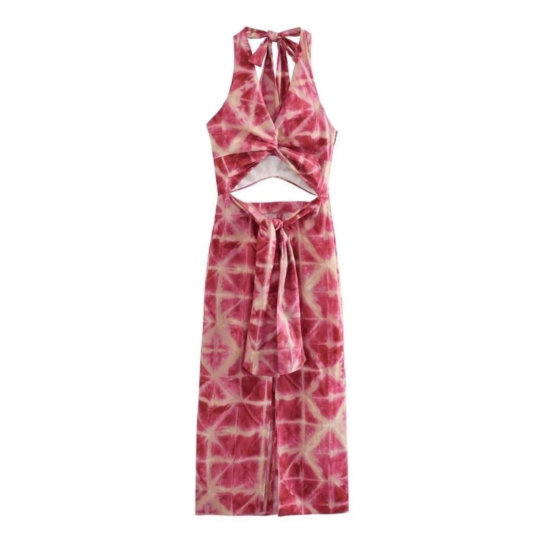 [C3] CUTOUT HALTER BOHEMIAN TIE DYE MIDI DRESS