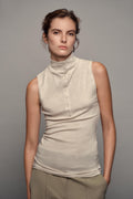 BUTTONED HIGH NECK TOP- Beige marl