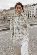 [B3] POLKA DOT BEIGE BLOUSE WITH BOW