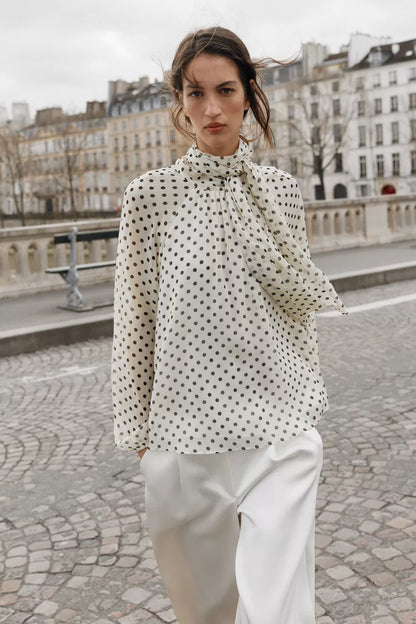 POLKA DOT BEIGE BLOUSE WITH BOW