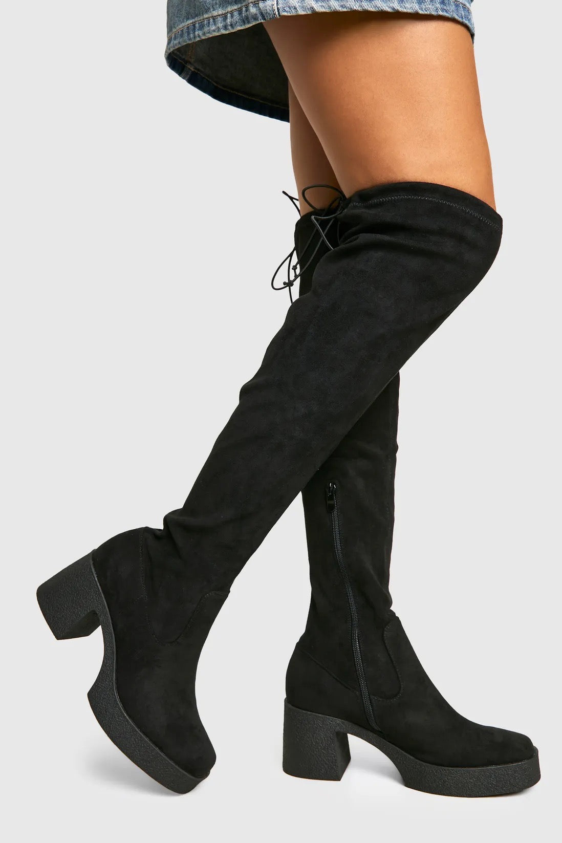 Faux Suede Tie Detail Over The Knee Boots