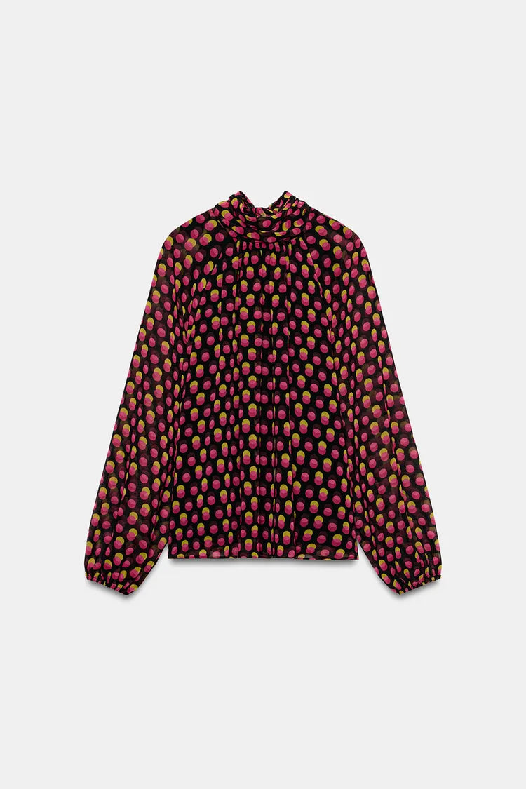 PRINTED SHIRT FEATURES A HIGH NECK POLKA DOTS