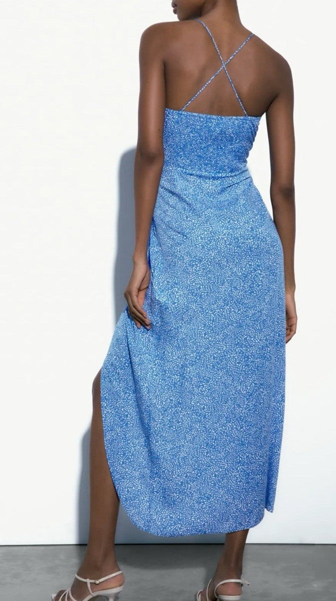 [C2] BLUE PRINTED SLIT DRESS