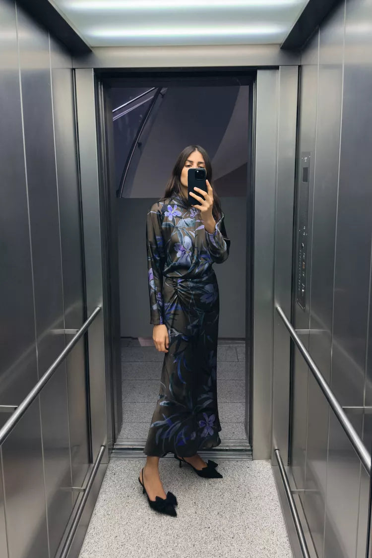[A3] Floral Print Satin Midi Dress