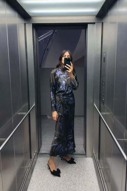 [A3] Floral Print Satin Midi Dress