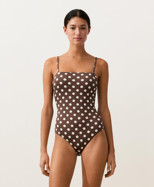 Polka-dot piqué bandeau one-piece swimsuit, front view