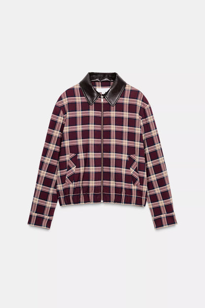 CHECKED BOMBER JACKET WITH LEATHER EFFECT LAPEL