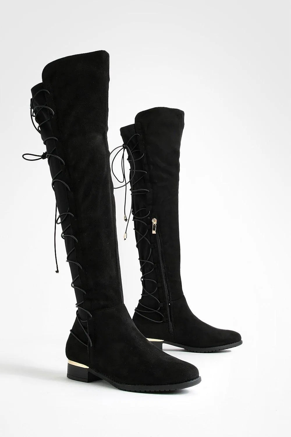 BUNGEE LACE BACK FAUX SUEDE KNEE HIGH BOOTS