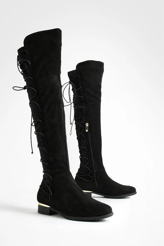 BUNGEE LACE BACK FAUX SUEDE KNEE HIGH BOOTS