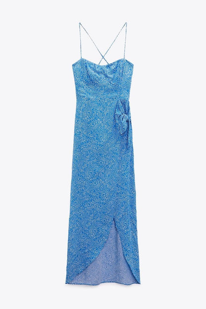 BLUE PRINTED SLIT DRESS