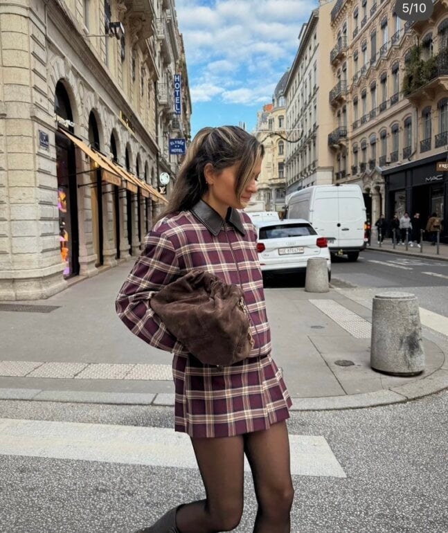 CHECKED BOMBER JACKET WITH SKORT | LEATHER EFFECT LAPEL