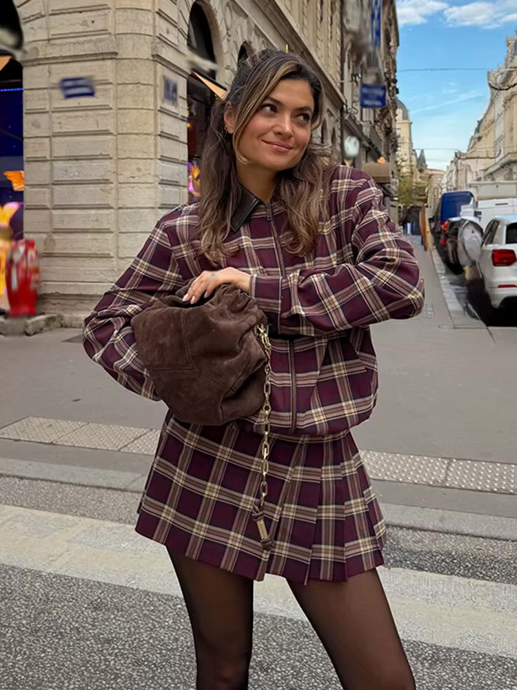 CHECKED BOMBER JACKET WITH SKORT | LEATHER EFFECT LAPEL