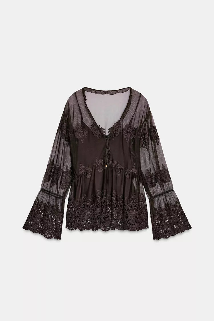 TULLE EMBROIDERED LACE BLOUSE
