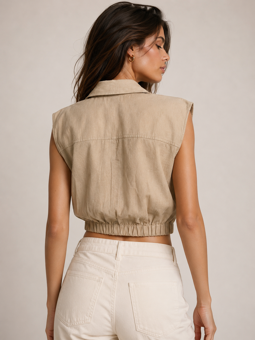 [C4] LINEN BLEND UTILITY VEST WITH POCKETS