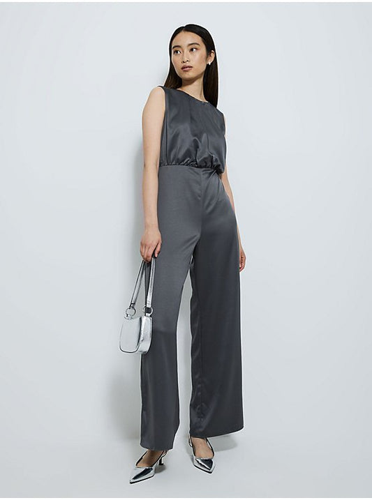 Charcoal Grey Satin Sleeveless Jumpsuit