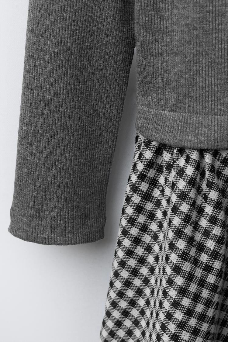 RIBBED COMBINATION DRESS WITH CHECK SKIRT