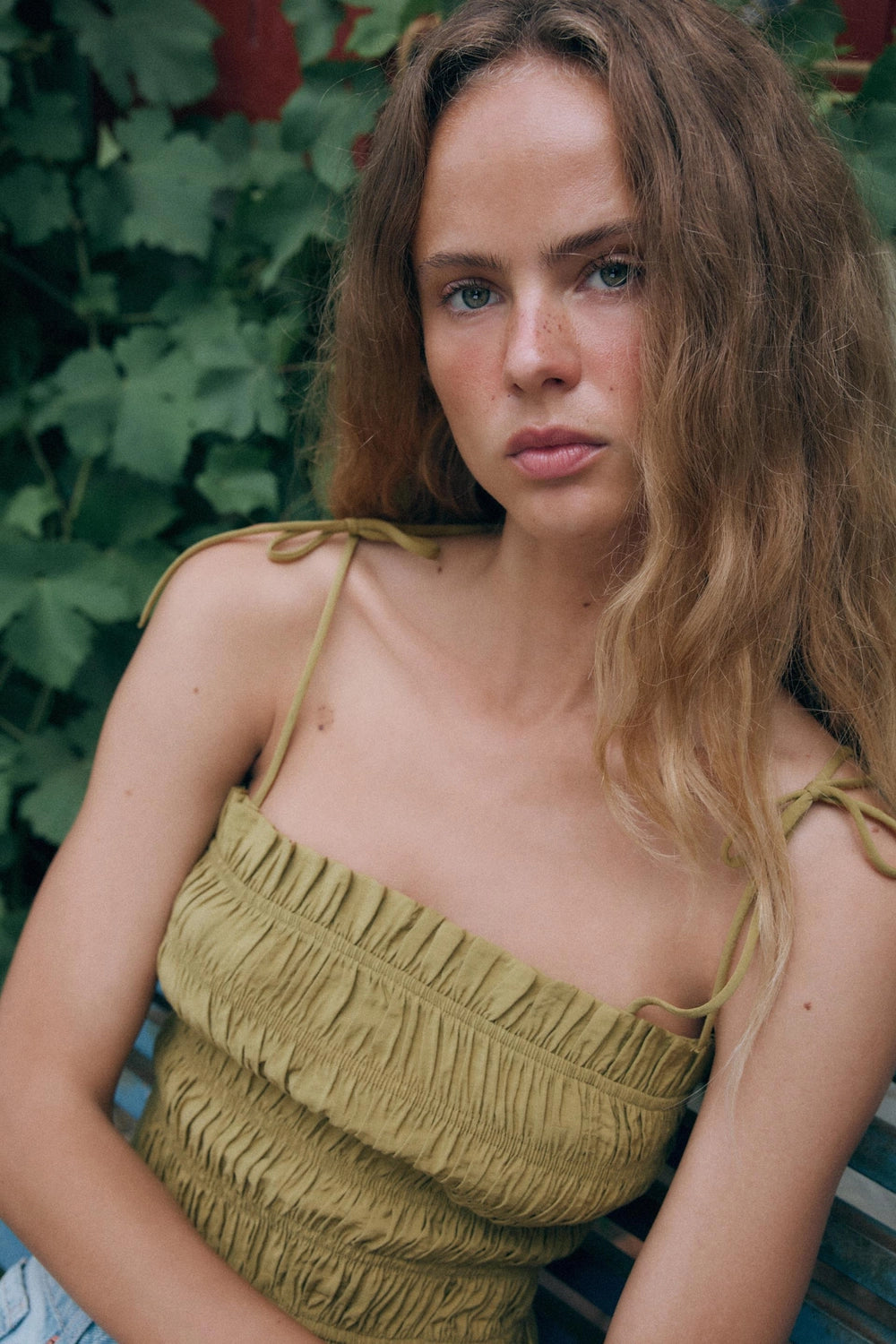Striped Ruched Strap Top – Olive Green