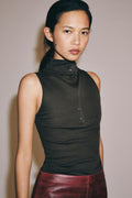 BUTTONED HIGH NECK TOP -Olive Green