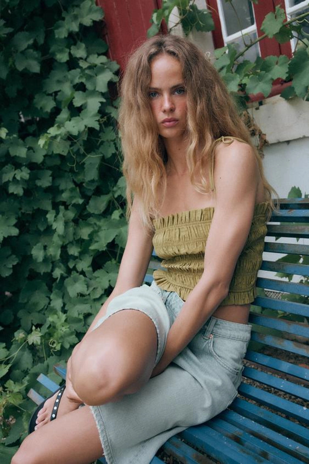Striped Ruched Strap Top – Olive Green