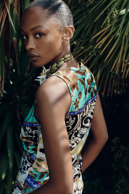 [A5] Patchwork Print Satin Top