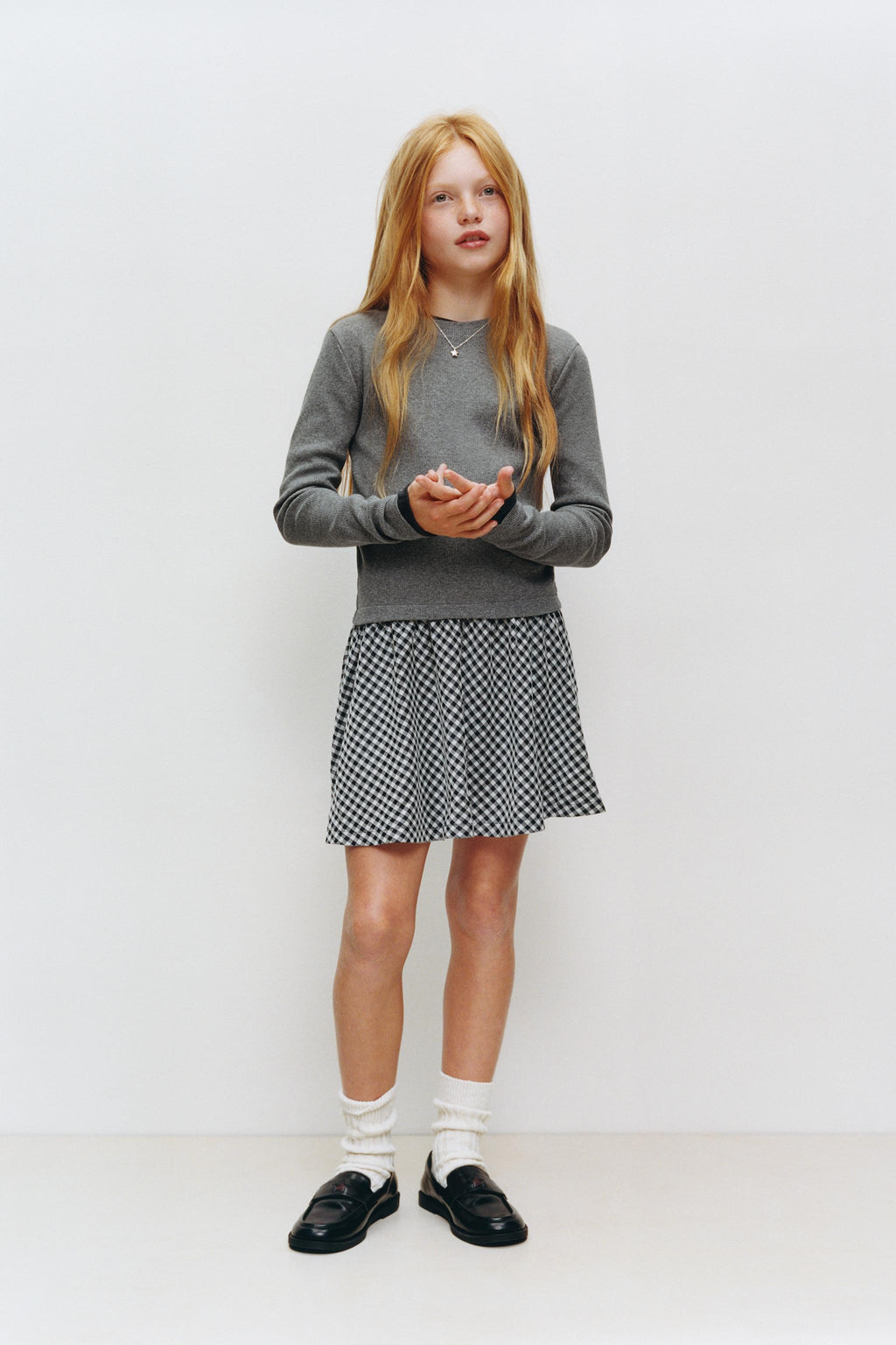 RIBBED COMBINATION DRESS WITH CHECK SKIRT