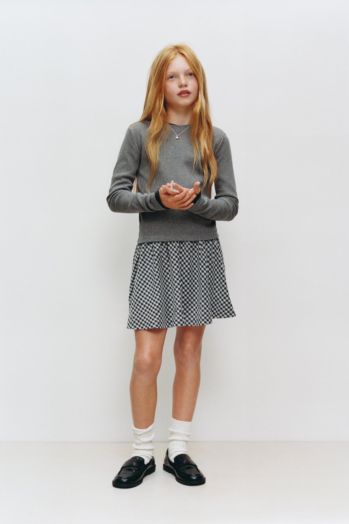 RIBBED COMBINATION DRESS WITH CHECK SKIRT