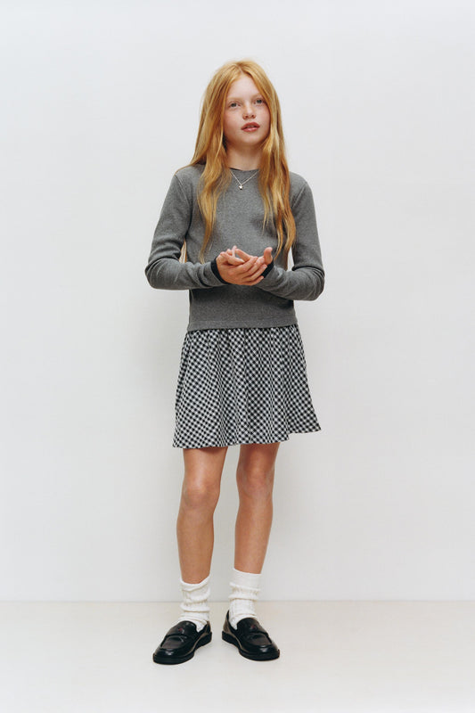 RIBBED COMBINATION DRESS WITH CHECK SKIRT