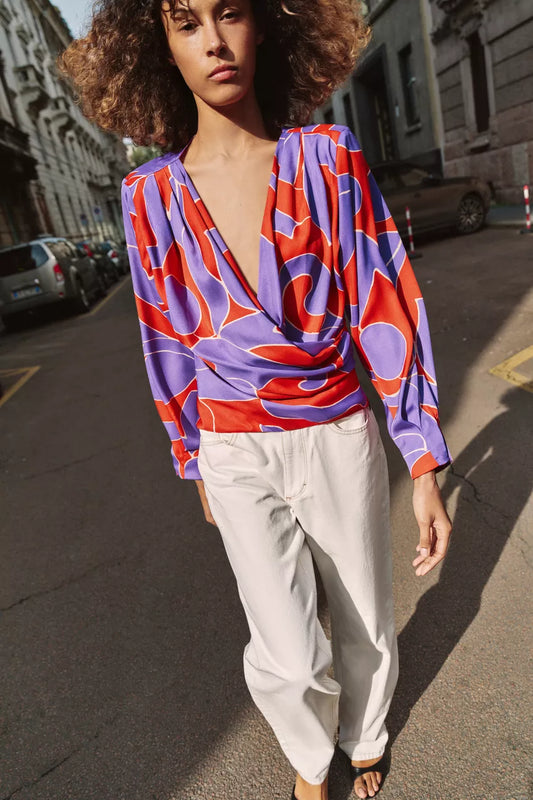 [A6] CHEMISE SATINÉE IMPRIMÉE AVEC ÉPAULETTES