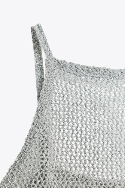 METALLIC SILVER KNIT MESH TANK TOP