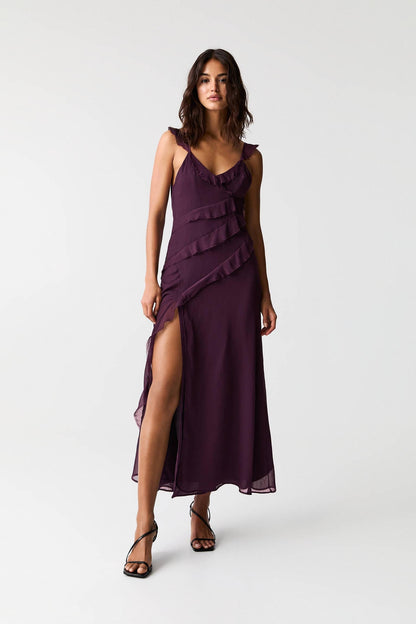 Ruffle detail chiffon maxi dress