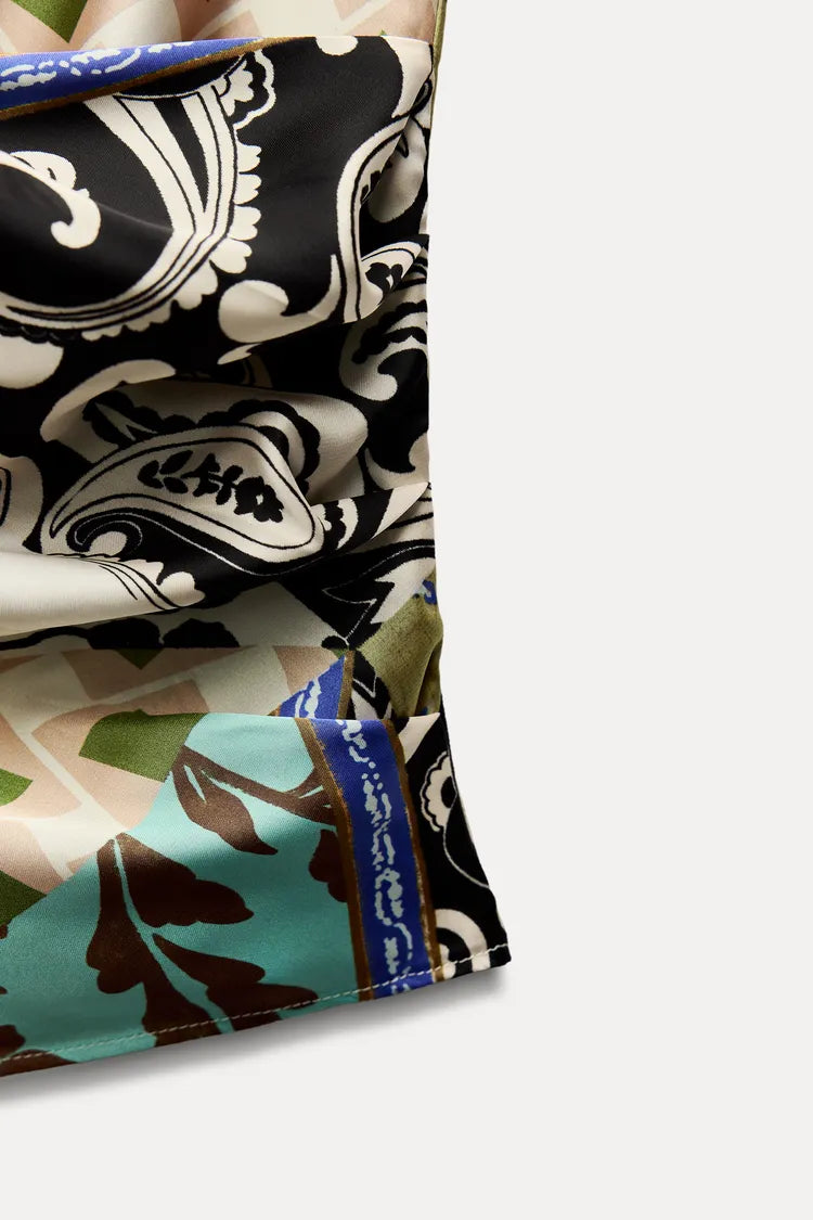 [A5] Patchwork Print Satin Top