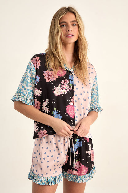 FLORAL POLKA DOT SPLICE RUFFLE PYJAMA SHORTS SET