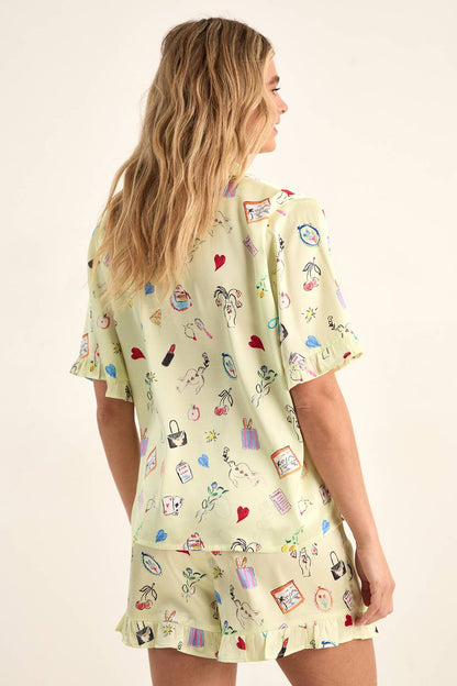 Conversational Print Satin Ruffle Shorts Pajama Set