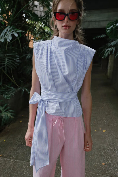 METALLIC THREAD STRIPED TOP WITH SHOULDER PADS AND TIE