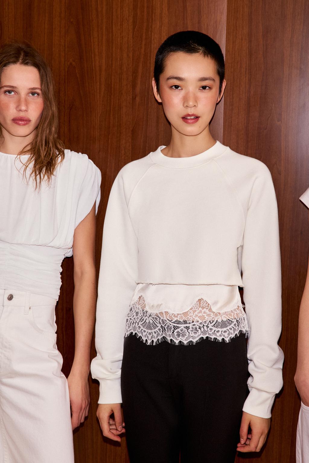 TWO-TONE LACE CROP SWEATSHIRT