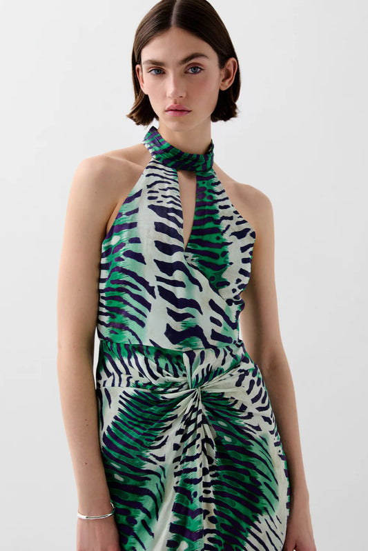 DRAPED HALTER MIDI DRESS