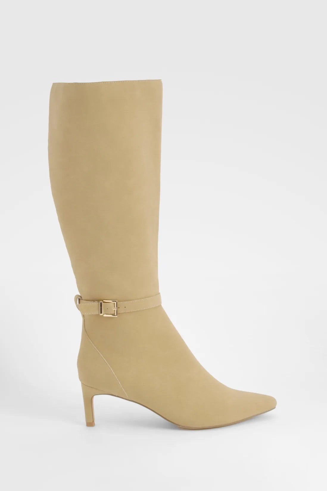 FAUX SUEDE LOW HEEL BUCKLE DETAIL POINTED KNEE HIGH BOOTS BOOHOO