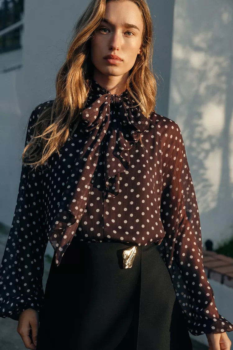 [B1] POLKA DOT BROWN BLOUSE WITH BOW