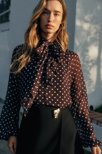 POLKA DOT BROWN BLOUSE WITH BOW