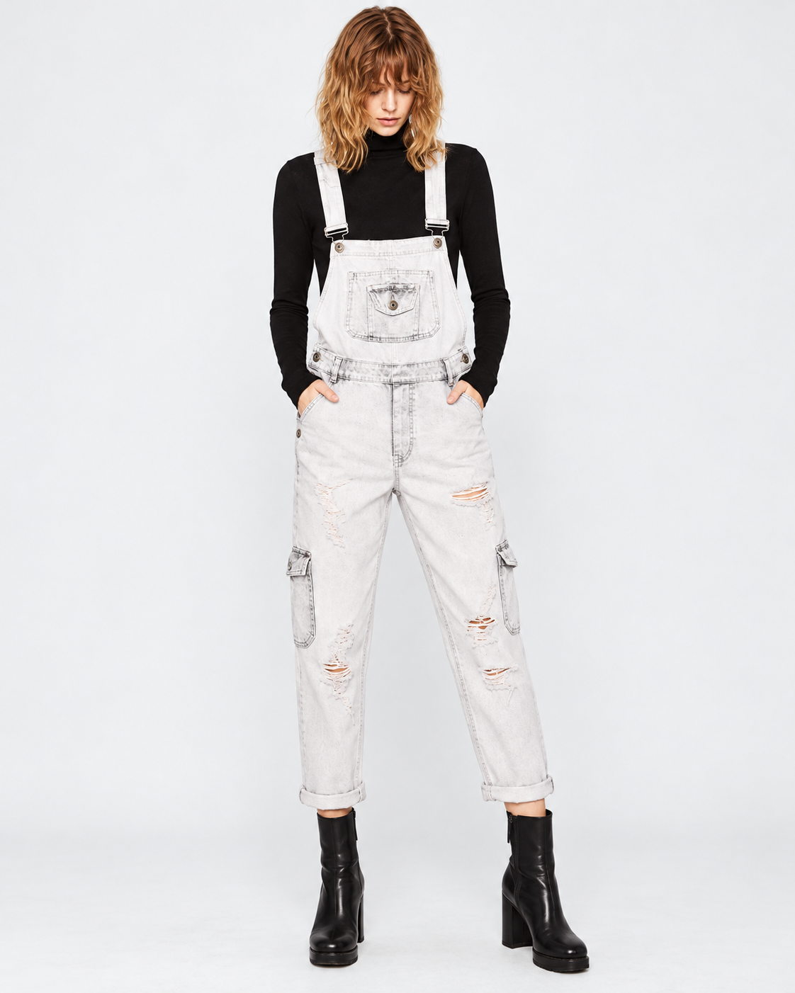Zara Distressed Denim Cargo Dungarees – Light Wash