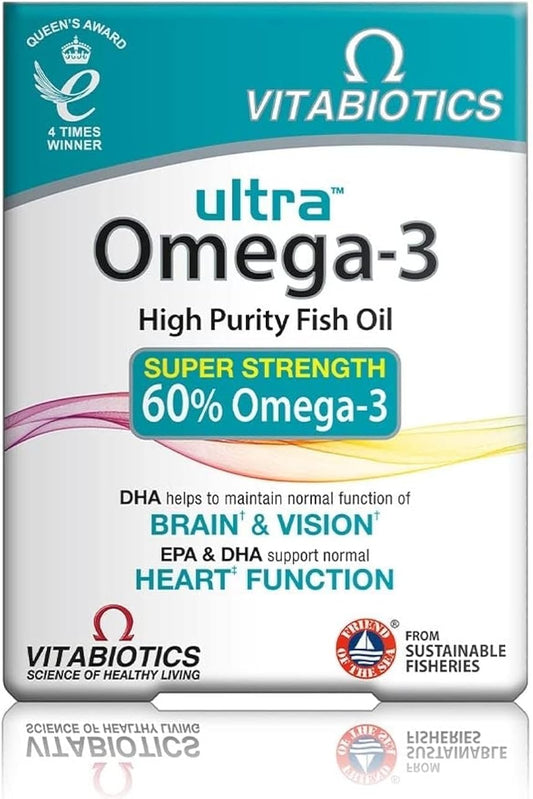 Vitabiotics Ultra Omega-3 Fish Oils Capsules with DHA EPA Nutritional Supplements for Heart Brain and Eye Vision