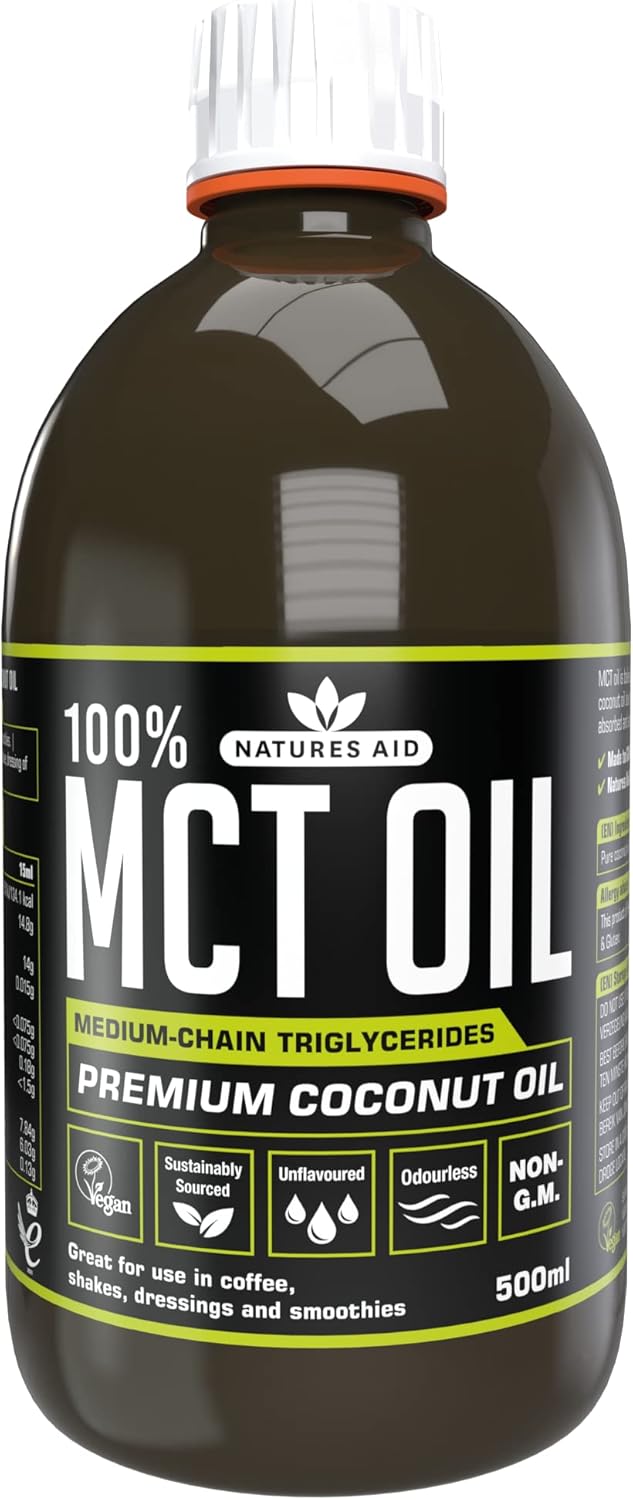 Natures Aid 100% MCT Oil 500ml - Premium Coconut MCT - Energy Boost - Keto Friendly - Add to Coffee Shakes Smoothies