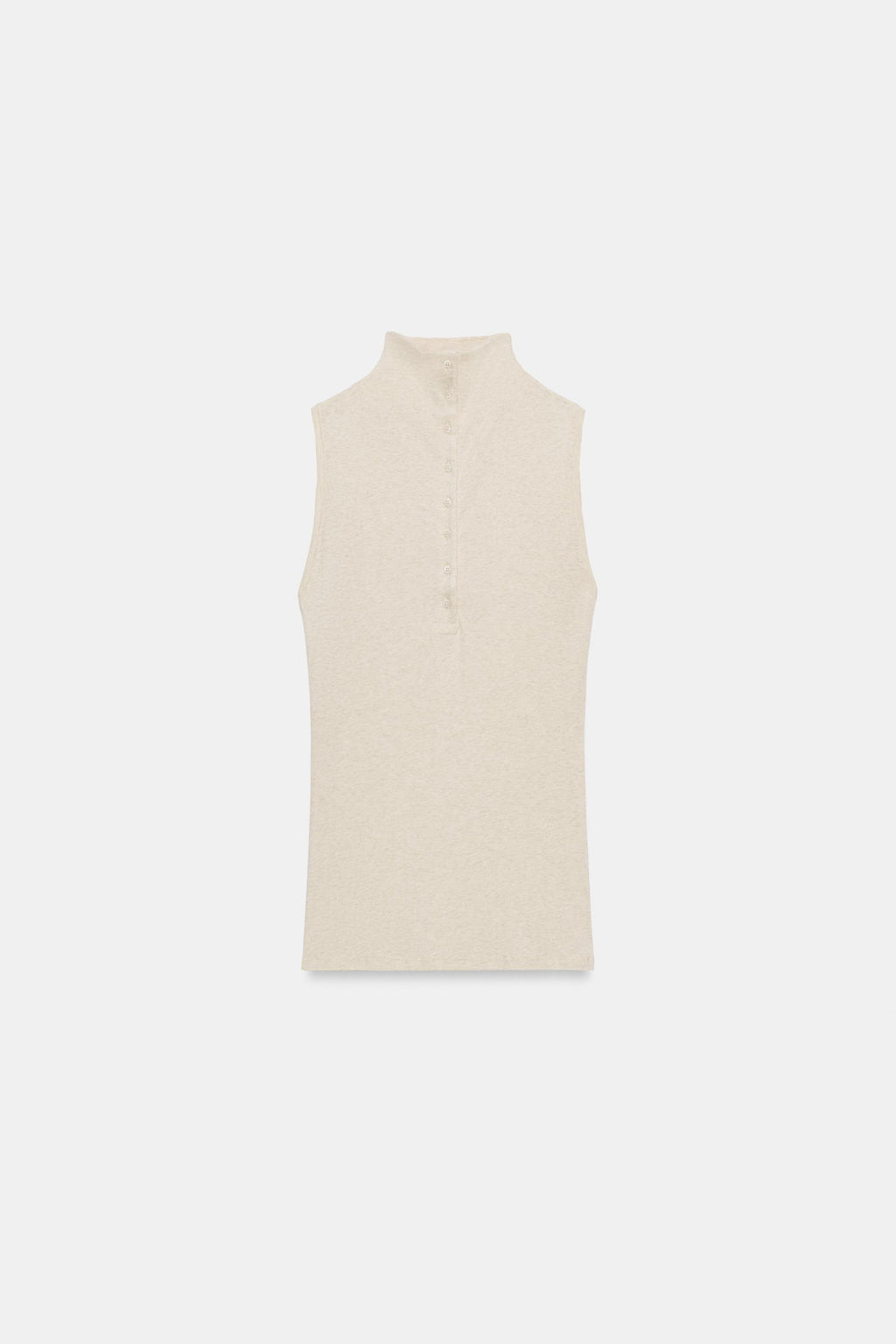 BUTTONED HIGH NECK TOP- Beige marl