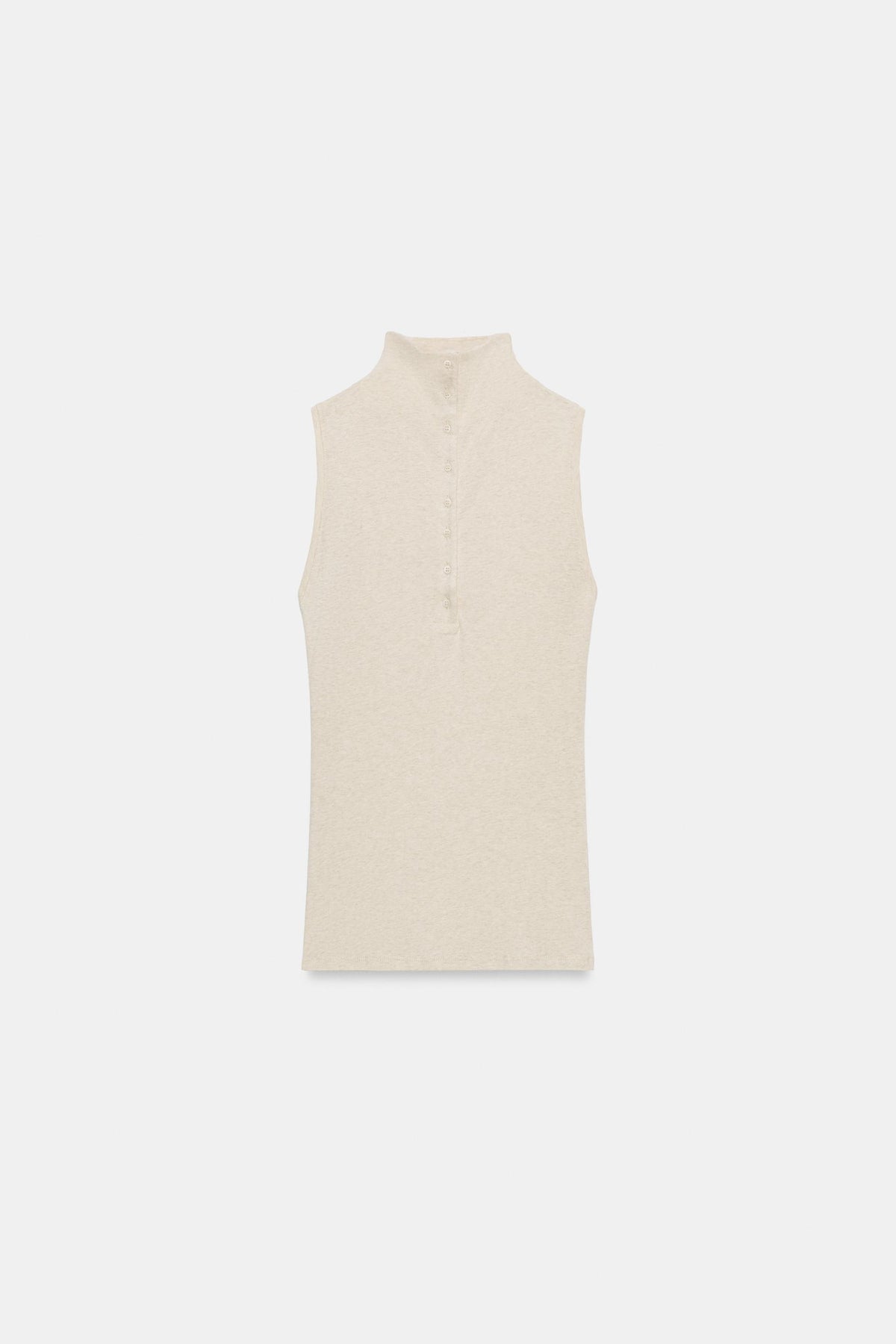 BUTTONED HIGH NECK TOP- Beige marl