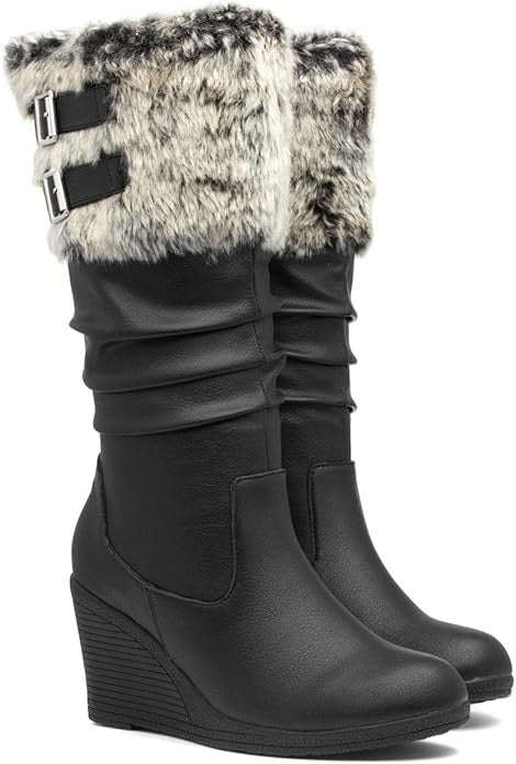 Lilley Womens Boot Black Zip Up High Leg Wedge