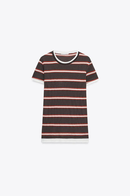 SLIM FIT BROWN STRIPED T-SHIRT