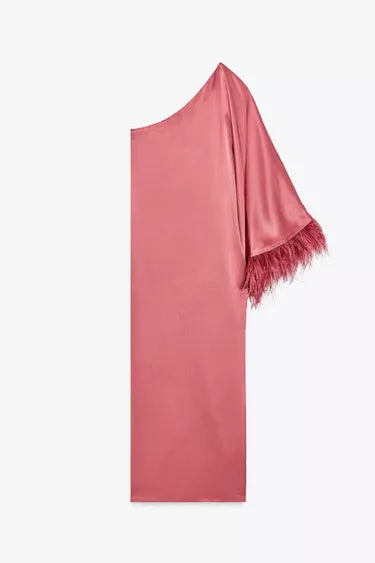 Feathered satin long dress